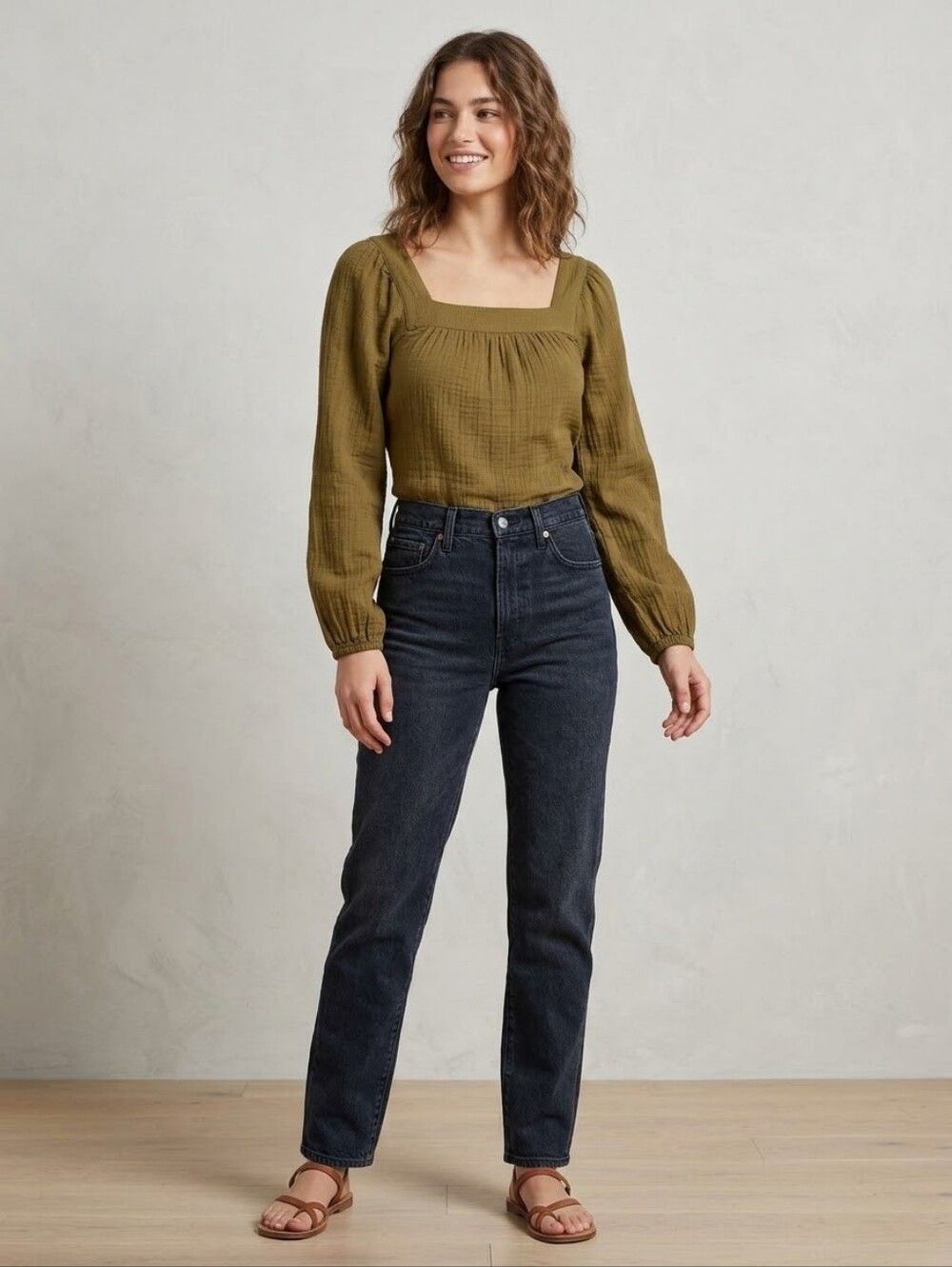 Sonoma Goods For Life Green Square Neck Puff Long Sleeve Cotton Blouse Size S
